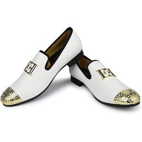XQWFH Mens Leather Loafers Spiked Dress Shoes with Gold Buckle Penny Slip-On Luxury Men Wedding Party Prom Shoes