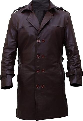 Mens Watchmen Faux Leather Trench Brown Coat in Kuwait