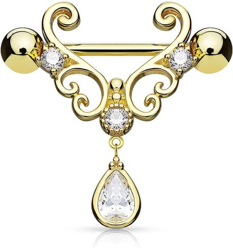 Lobal Domination Pair of Heart Filigree with Teardrop 14g Nipple Rings Shields - Steel, Gold or Rose Gold in Kuwait