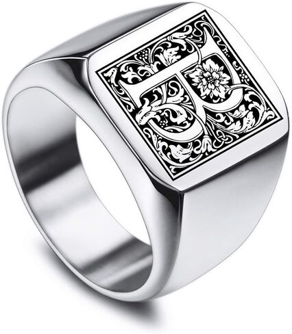 VIBOOS Custom Engraved Initial Monogram Signet Ring for Men Women Boys Mens Rings Stainless Steel, Bundle with Ring Size Adjusters (Silver Color) in Saudi Arabia
