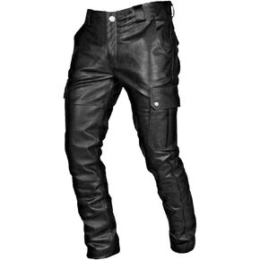 Mens Faux Leather Biker Pants Vintage Metallic Motocycle Jeans Slim Fit PU Leather Pants Gothic Steampunk Trousers Fall in Kuwait