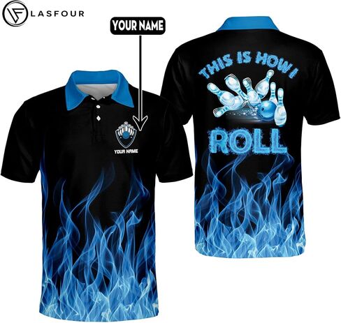 LASFOUR Custom Blue Flame Bowling Shirt for Men, Men's Funny Bowling Team Shirt Short Sleeve Polo for Men, Fire Bowling Shirt in Saudi Arabia