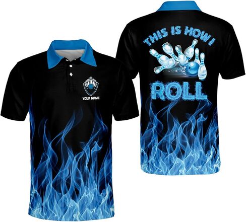 LASFOUR Custom Blue Flame Bowling Shirt for Men, Men's Funny Bowling Team Shirt Short Sleeve Polo for Men, Fire Bowling Shirt in Saudi Arabia