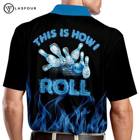 LASFOUR Custom Blue Flame Bowling Shirt for Men, Men's Funny Bowling Team Shirt Short Sleeve Polo for Men, Fire Bowling Shirt in Saudi Arabia