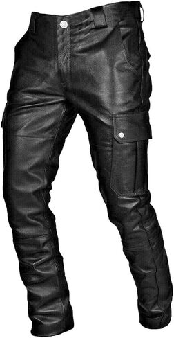 Mens Faux Leather Biker Pants Vintage Metallic Motocycle Jeans Slim Fit PU Leather Pants Gothic Steampunk Trousers Fall in Kuwait