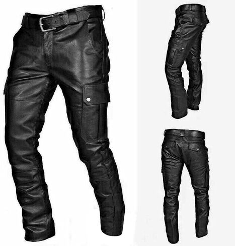 Mens Faux Leather Biker Pants Vintage Metallic Motocycle Jeans Slim Fit PU Leather Pants Gothic Steampunk Trousers Fall in Kuwait