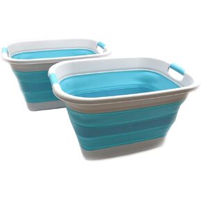 SAMMART 37L (9.77 Gallon) Collapsible Plastic Laundry Basket - Foldable Pop-Up Storage Container/Organizer - Portable Washing Tub - Space Saving Hamper/Basket (1, Grey/Bright Blue) in Saudi Arabia