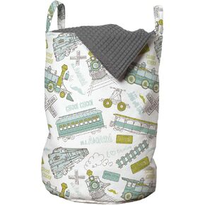 Ambesonne Steam Engine Laundry Bag, Choo Choo Train Boy Pattern Blue Green Number Plate Vintage, Hamper Basket with Handles Drawstring Closure for Laundromats, 13" x 19", Apple Green Turquoise in Kuwait