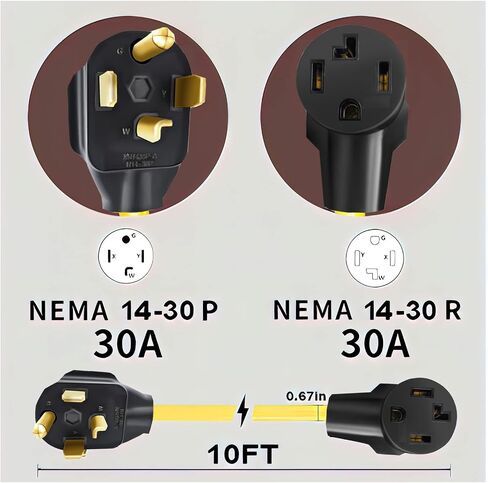 سلك تمديد مجفف M1A2 3 شقوق 30 أمبير NEMA 10-30P إلى 10-30R، 10 قدم مستوى 2 EV شحن 125 فولت/250 فولت قابس STW 10 مقياس UL مدرج in Kuwait