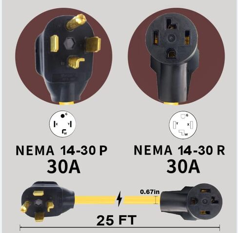 سلك تمديد مجفف M1A2 3 شقوق 30 أمبير NEMA 10-30P إلى 10-30R، 10 قدم مستوى 2 EV شحن 125 فولت/250 فولت قابس STW 10 مقياس UL مدرج in Kuwait