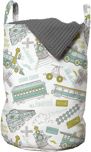 Ambesonne Steam Engine Laundry Bag, Choo Choo Train Boy Pattern Blue Green Number Plate Vintage, Hamper Basket with Handles Drawstring Closure for Laundromats, 13" x 19", Apple Green Turquoise in Kuwait