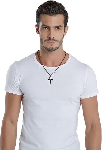 REVEMCN Men's Stainless Steel Black Gold Silver Coptic Ankh Cross Pendant Chain Necklace for Men Women Egyptian Religious jewelry Gifts, 20-24 Inches Box Chain in Saudi Arabia