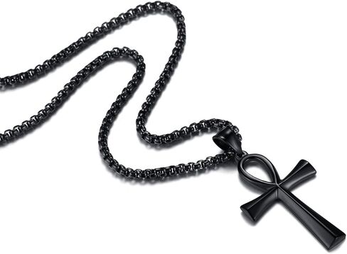 REVEMCN Men's Stainless Steel Black Gold Silver Coptic Ankh Cross Pendant Chain Necklace for Men Women Egyptian Religious jewelry Gifts, 20-24 Inches Box Chain in Saudi Arabia