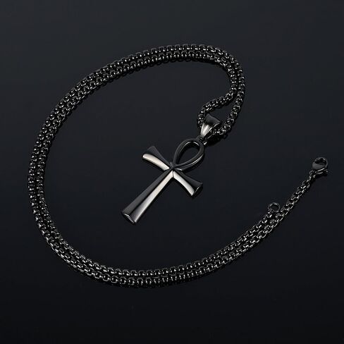 REVEMCN Men's Stainless Steel Black Gold Silver Coptic Ankh Cross Pendant Chain Necklace for Men Women Egyptian Religious jewelry Gifts, 20-24 Inches Box Chain in Saudi Arabia
