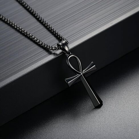 REVEMCN Men's Stainless Steel Black Gold Silver Coptic Ankh Cross Pendant Chain Necklace for Men Women Egyptian Religious jewelry Gifts, 20-24 Inches Box Chain in Saudi Arabia
