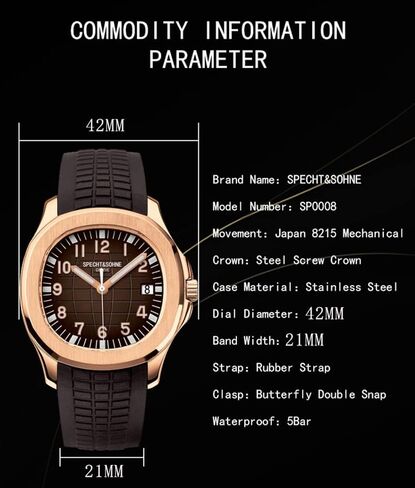 TACTO Specht&Sohne Automatic Watches for Men Rubber Strap Miyota 8215 Movt Classic Mechanical Sport Wristwatch Waterproof 42MM in Saudi Arabia