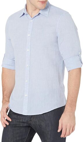 قميص Perry Ellis رجالي ذو قصة ضيقة وأكمام طويلة من قطن الكتان الصلب بأزرار سفلية (مقاس صغير-Xx-Large) in Kuwait