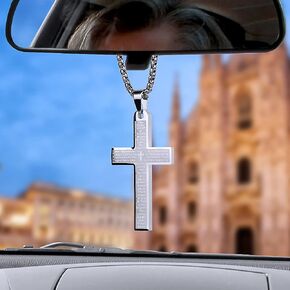 LeapoFaith Pendant Cross for Car Rear View Mirror Necklace Cross for Men Women Charm Car Mirror Hanging Accessories Ornament Stainless Steel Lord's Prayer Cross Necklace with Bible Verse (Black)