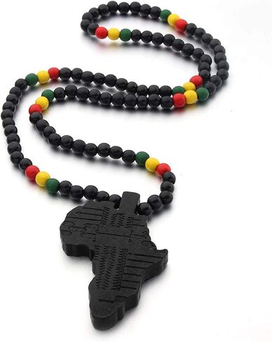 COLORFUL BLING Multicolor 8MM Wooden Bead Chain African Hip-hop Africa Map Pendant Necklace for Men Boys Natural Wood Jewelry in Saudi Arabia