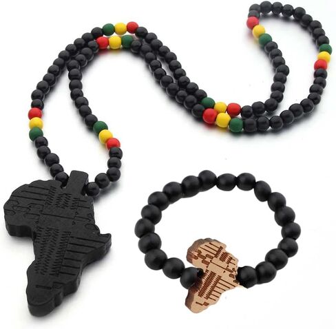 COLORFUL BLING Multicolor 8MM Wooden Bead Chain African Hip-hop Africa Map Pendant Necklace for Men Boys Natural Wood Jewelry in Saudi Arabia
