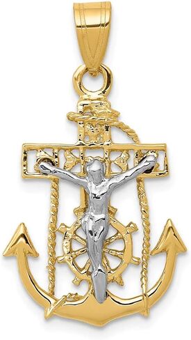 Solid 14k Yellow and White Gold Two Tone Anchor Mariners Cross Pendant Charm - 29mm x 17mm in Saudi Arabia