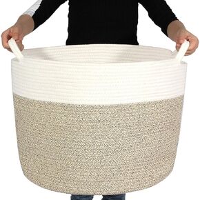 Laundry Basket Woven storage Baskets Blanket Basket,basket rope, for Towel, ,Clothes,Baby Toys ,Storage basket , Comforter Cushions Storage Bins, , decorative baskes- Large Cotton Rope Basket16.9"×14.9" (White + brown) in Kuwait