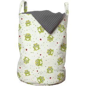 Lunarable Animal Laundry Bag, Illustration of Frog Prince on Heart Dotted Retro Background Love Romance, Hamper Basket with Handles Drawstring Closure for Laundromats, 13" x 19", Green Red White in Kuwait