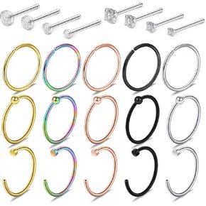 SCERRING 23PCS 22 Gauge Nose Rings Hoop Stainless Steel Bone L Shaped Screw Clear CZ Nose Studs Cartilage Daith Tragus Ear Piercing Ring Hoop Body Jewelry Set in Saudi Arabia