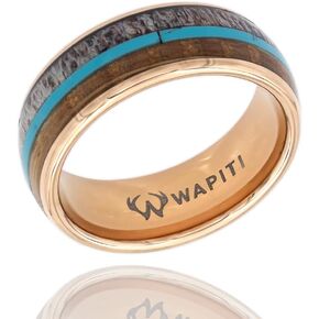 Deer Antler, Turquoise, and Whiskey Barrel Inlay in Tungsten Ring with Included Ring Box in Saudi Arabia