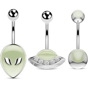 COCHARM 3PCS Halloween Alien Belly Button Rings Glow in the Dark 14G UFO Belly Navel Piercing Jewelry