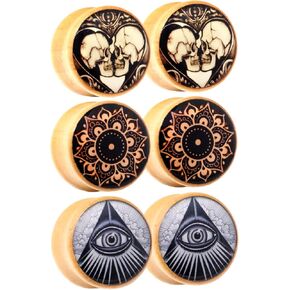 Wood Saddle Ear Gauge Plugs Flesh Tunnel Stretcher Piercing Eyelet Mandala Skull Illuminati All Seeing Eye 3 Pairs in Saudi Arabia