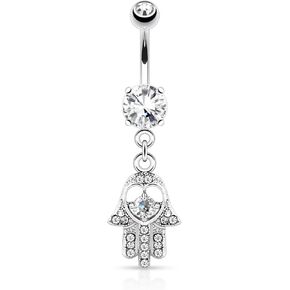 Pierced Owl - 14GA Stainless Steel CZ Crystal Hamsa Hand Dangling Belly Button Ring in Kuwait