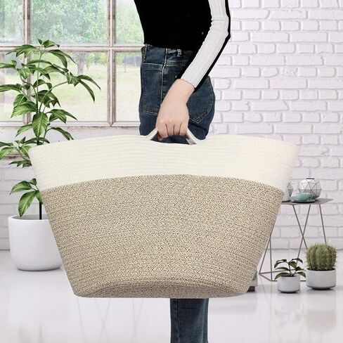 سلة الغسيل، سلال تخزين منسوجة، سلة بطانية، حبل سلة، للمناشف، الملابس، ألعاب الأطفال، سلة تخزين، صناديق تخزين وسائد اللحاف، سلال زخرفية - سلة كبيرة من الحبال القطنية 16.9 بوصة × 14.9 بوصة (أبيض + بني) in Kuwait