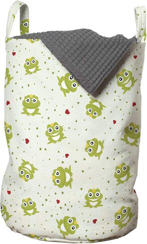 Lunarable Animal Laundry Bag, Illustration of Frog Prince on Heart Dotted Retro Background Love Romance, Hamper Basket with Handles Drawstring Closure for Laundromats, 13" x 19", Green Red White in Kuwait