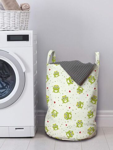 Lunarable Animal Laundry Bag, Illustration of Frog Prince on Heart Dotted Retro Background Love Romance, Hamper Basket with Handles Drawstring Closure for Laundromats, 13" x 19", Green Red White in Kuwait