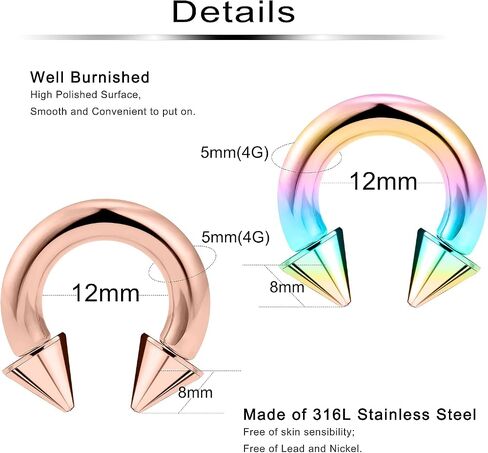 Ftovosyo PA Ring Internally Threaded Circular Horseshoe Barbells Spike Large Septum Ring Ear Gauges Earrings 2G 4G 6G 8G 12mm/16mm 316L Surgical Steel Body Piercing Jewelry for Women Men in Saudi Arabia