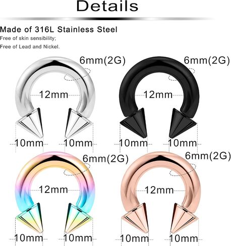 Ftovosyo PA Ring Internally Threaded Circular Horseshoe Barbells Spike Large Septum Ring Ear Gauges Earrings 2G 4G 6G 8G 12mm/16mm 316L Surgical Steel Body Piercing Jewelry for Women Men in Saudi Arabia