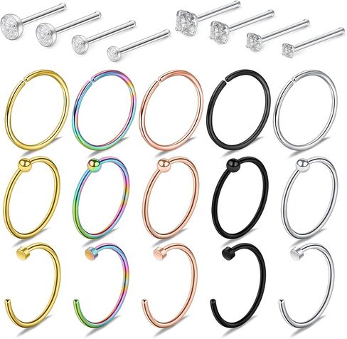 SCERRING 23 قطعة 22 قياس حلقات الأنف هوب الفولاذ المقاوم للصدأ العظام L على شكل برغي واضح تشيكوسلوفاكيا الأنف ترصيع الغضروف Daith Tragus الأذن ثقب حلقة هوب الجسم مجموعة مجوهرات in Kuwait