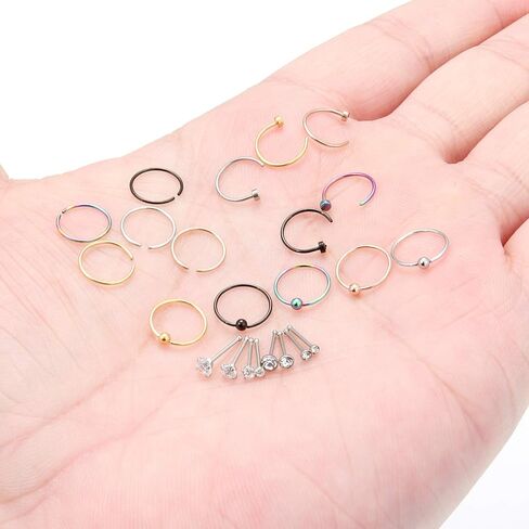 SCERRING 23 قطعة 22 قياس حلقات الأنف هوب الفولاذ المقاوم للصدأ العظام L على شكل برغي واضح تشيكوسلوفاكيا الأنف ترصيع الغضروف Daith Tragus الأذن ثقب حلقة هوب الجسم مجموعة مجوهرات in Kuwait