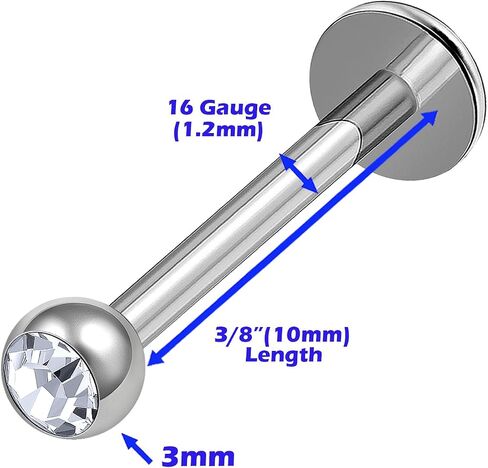 3Pcs Surgical Steel 16 Gauge 8mm 10mm 12mm labret Studs Piercing Jewelry Monroe Tragus Cartilage 3mm Clear Crystal Ball M0939 in Saudi Arabia