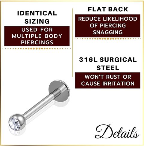 3Pcs Surgical Steel 16 Gauge 8mm 10mm 12mm labret Studs Piercing Jewelry Monroe Tragus Cartilage 3mm Clear Crystal Ball M0939 in Saudi Arabia