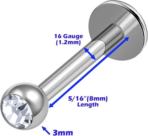 3Pcs Surgical Steel 16 Gauge 8mm 10mm 12mm labret Studs Piercing Jewelry Monroe Tragus Cartilage 3mm Clear Crystal Ball M0939 in Saudi Arabia
