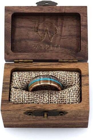 Deer Antler, Turquoise, and Whiskey Barrel Inlay in Tungsten Ring with Included Ring Box in Kuwait