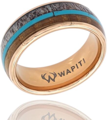 Deer Antler, Turquoise, and Whiskey Barrel Inlay in Tungsten Ring with Included Ring Box in Kuwait