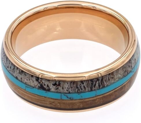 Deer Antler, Turquoise, and Whiskey Barrel Inlay in Tungsten Ring with Included Ring Box in Kuwait