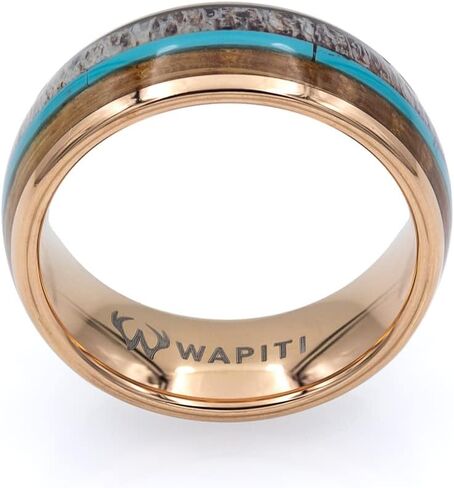 Deer Antler, Turquoise, and Whiskey Barrel Inlay in Tungsten Ring with Included Ring Box in Kuwait