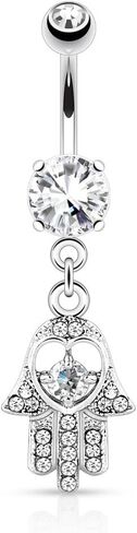 Pierced Owl - 14GA Stainless Steel CZ Crystal Hamsa Hand Dangling Belly Button Ring in Kuwait