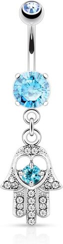 Pierced Owl - 14GA Stainless Steel CZ Crystal Hamsa Hand Dangling Belly Button Ring in Kuwait