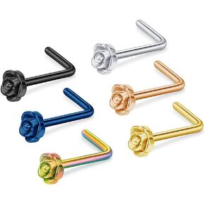 Tvoip 6Pcs 20G Titanium Nose Stud L Bone Shape Elegant Rose Flower Charm Nose Ring Earring Silver Hoop Stud Body Piercing Jewelry in Kuwait