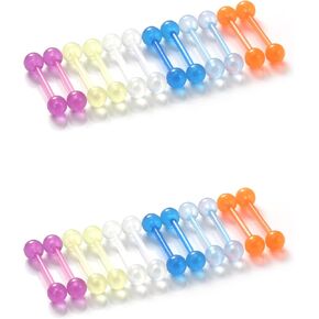 Oufksiyy 14G 16mm 14mm Glow in Dark Flexible Acrylic Straight Tongue Rings Plastic Nipple Ring Retainer Body Piercing Jewelry for Women Men 24PCS(12Pairs）14 gauge Piercings